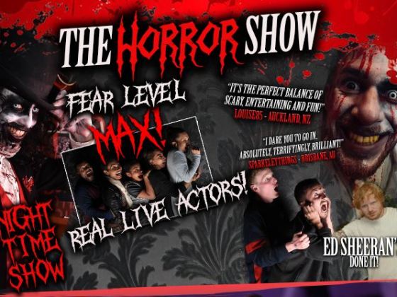 Horror show poster with scary faces, blood splatters, and text promoting a night-time show with live actors.