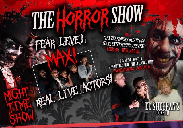Horror show poster with scary faces, blood splatters, and text promoting a night-time show with live actors.