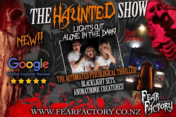 Spooky haunted house advertisement with fearful faces and eerie graphics.