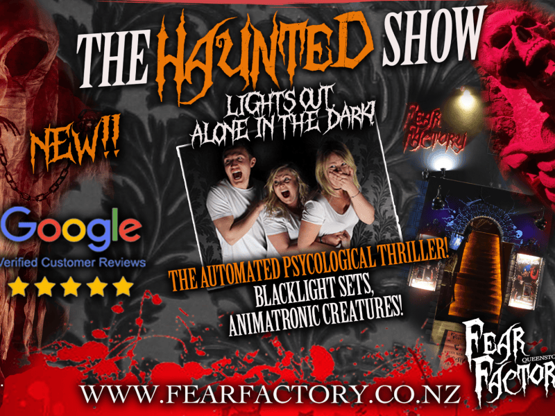 Spooky haunted house advertisement with fearful faces and eerie graphics.