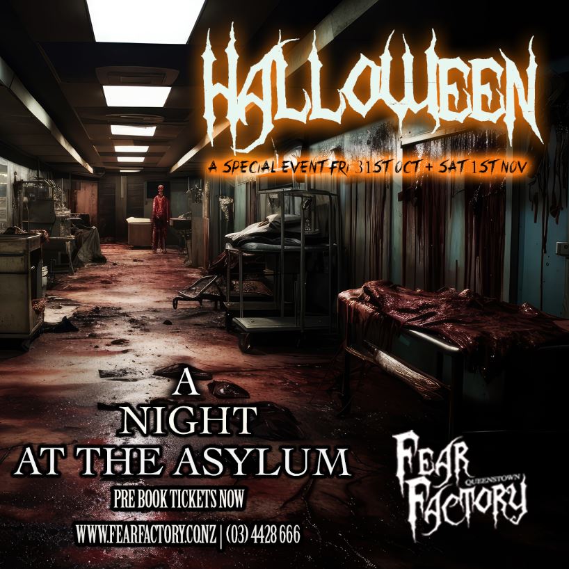 Dark, blood-stained asylum corridor, Halloween-themed event poster for Fear Factory.