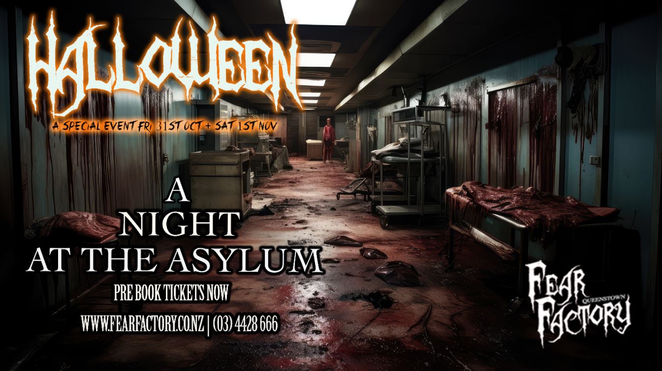 Dark, blood-stained corridor promoting 'Halloween: A Night at the Asylum' event with Fear Factory logo.