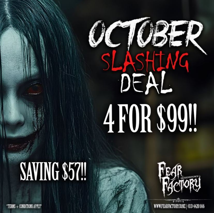 Creepy face with text: October Slashing Deal, 4 for $99, Saving $57. Fear Factory ad.