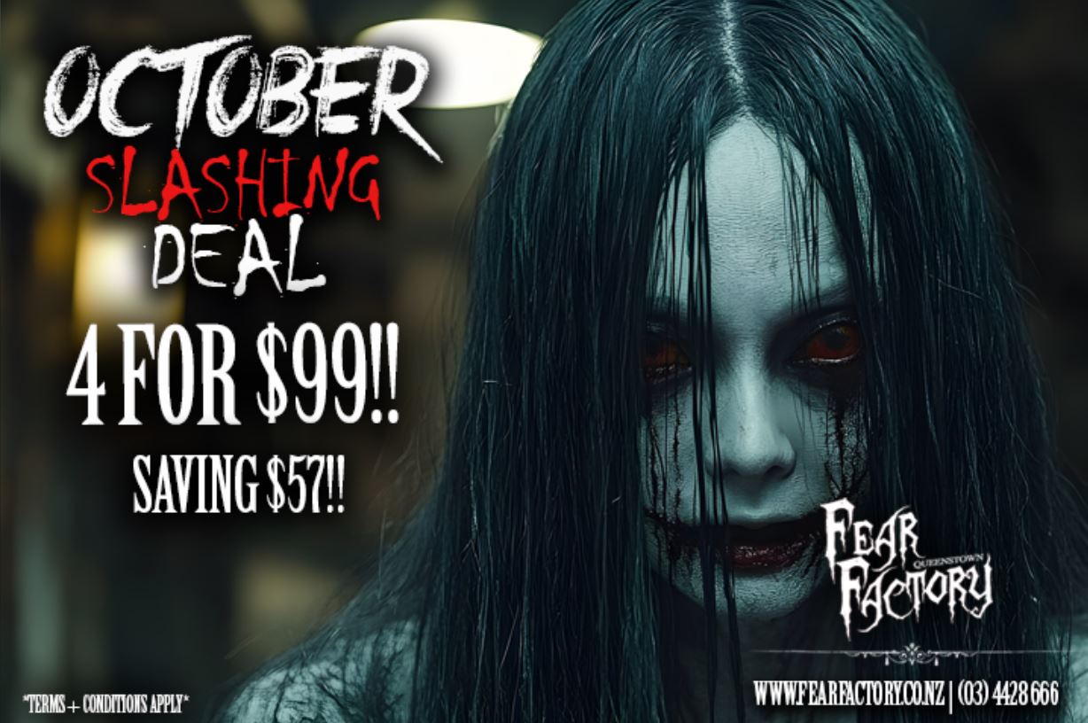 Creepy figure with pale face, dark eyes; text: 'October Slashing Deal, 4 for $99, Fear Factory'