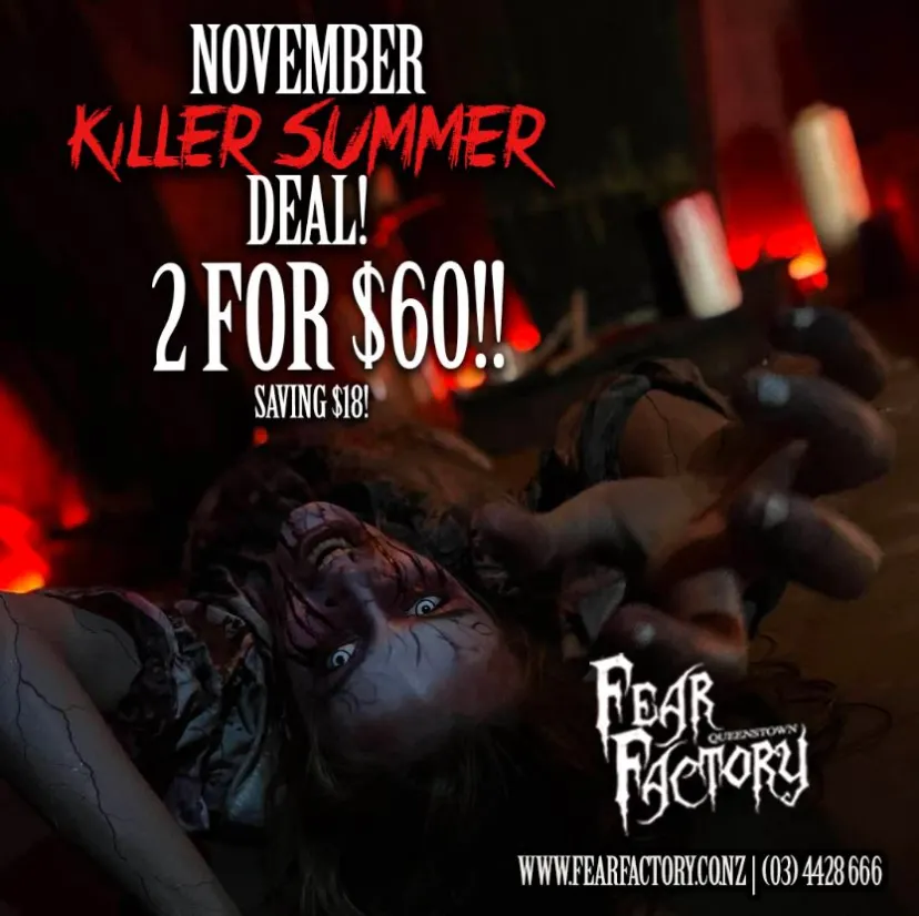 Promo poster with zombie-like figure and text: November Killer Summer Deal! 2 for $60. Fear Factory logo.