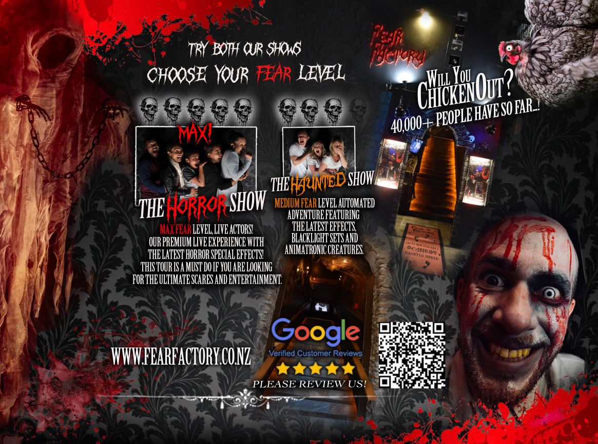 Halloween-themed poster for haunted attractions with skulls, spooky figures, and QR code.