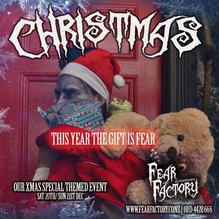 Creepy Santa with a teddy bear and gifts, promoting a horror-themed Christmas event.