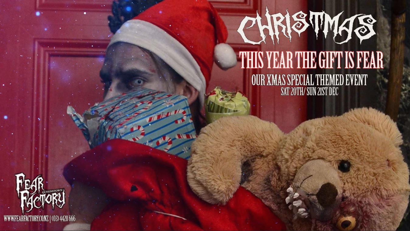 Person in Santa outfit with wrapped box and teddy bear, promoting a spooky Christmas event.