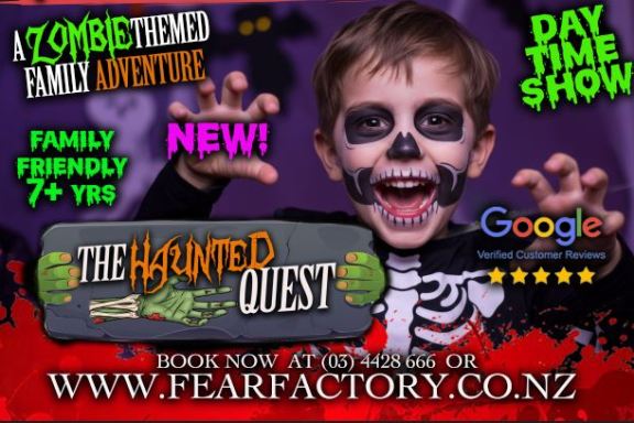 Child in skeleton costume with face paint, promoting a family-friendly zombie adventure event.