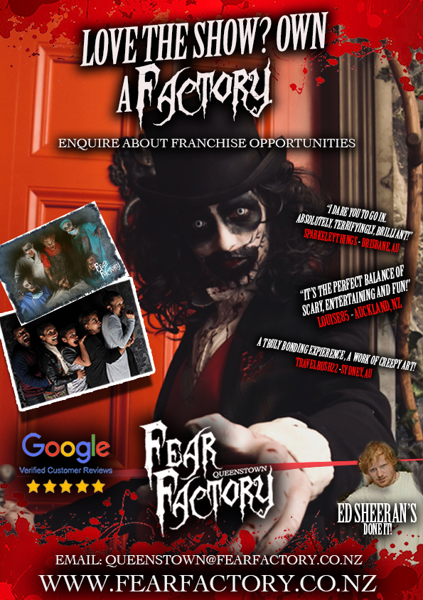 Horror-themed poster for Fear Factory with actor in costume and franchise inquiry details.