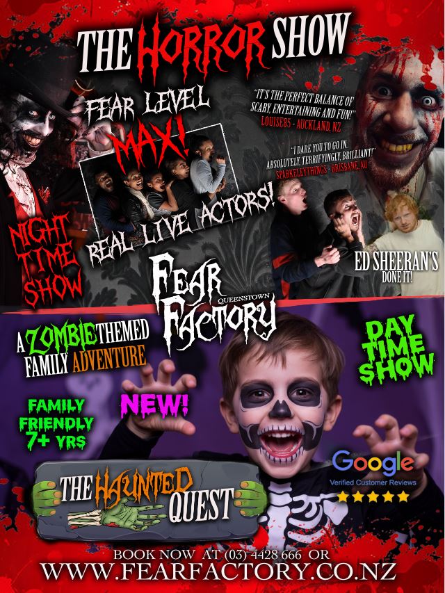 Poster for Fear Factory Queenstown featuring horror scenes and actors with text promoting shows and activities.