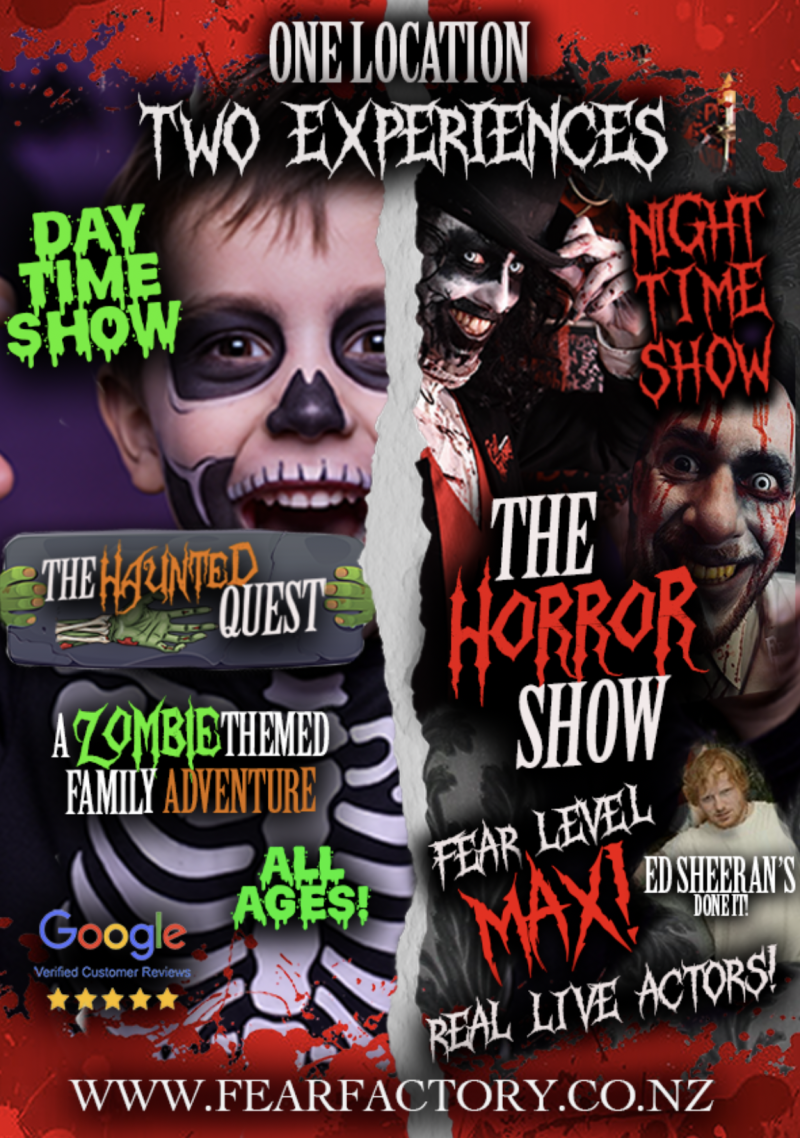 Poster for a dual show event featuring day zombie quest and night horror show, with spooky graphics and text.