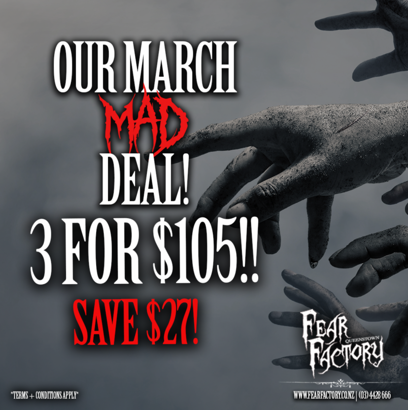 Advertisement for Fear Factory with hands and March deal: 3 for $105, save $27.