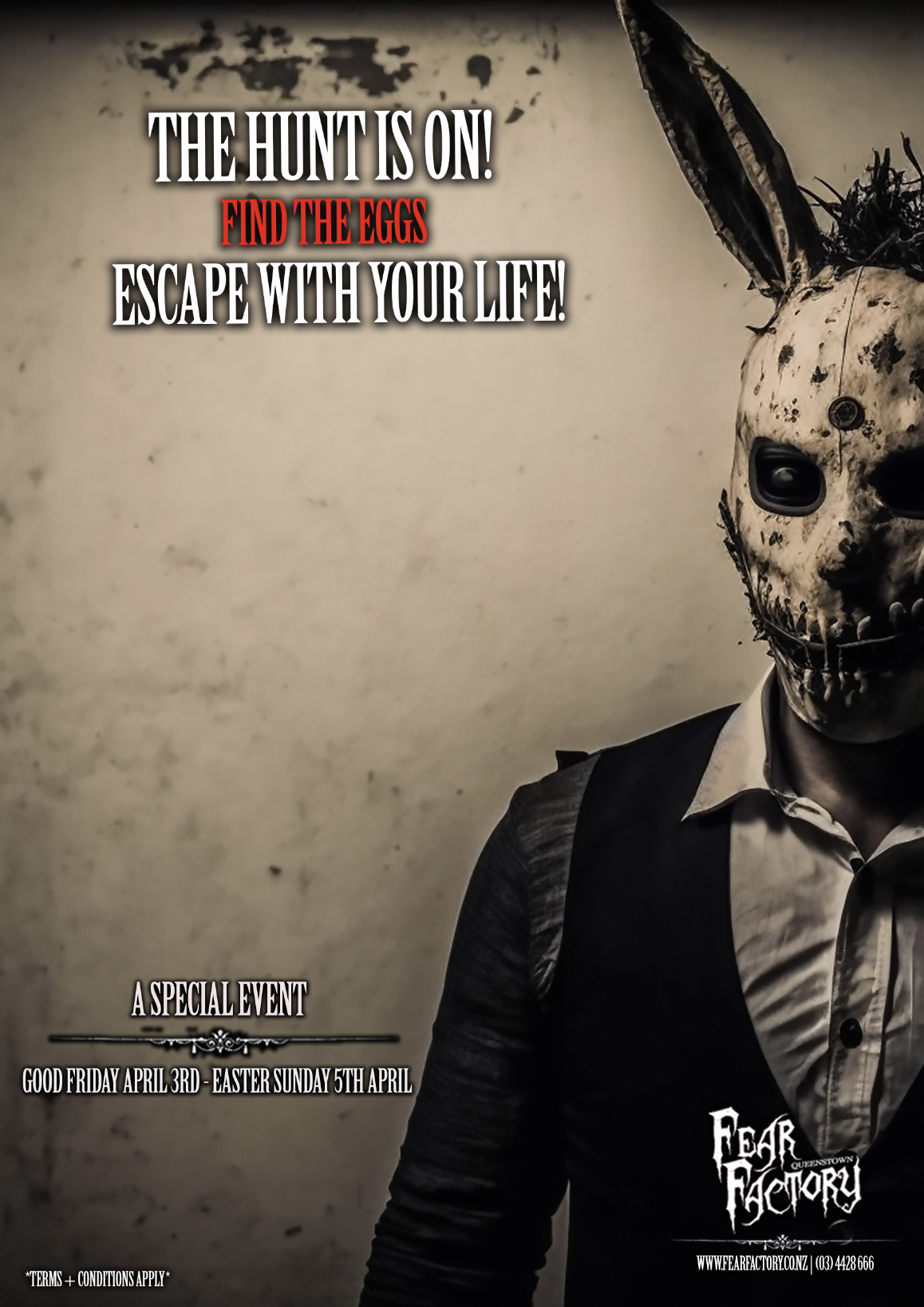 Creepy bunny mask figure, promotional text for Easter event, Fear Factory Queenstown.