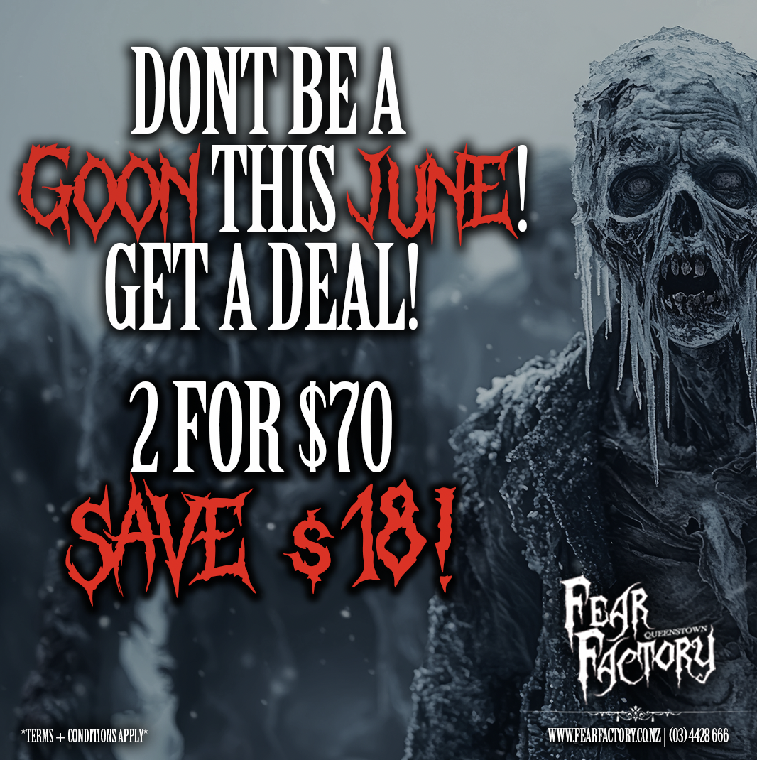 Zombie with snowy background and promotional text for Fear Factory deal.