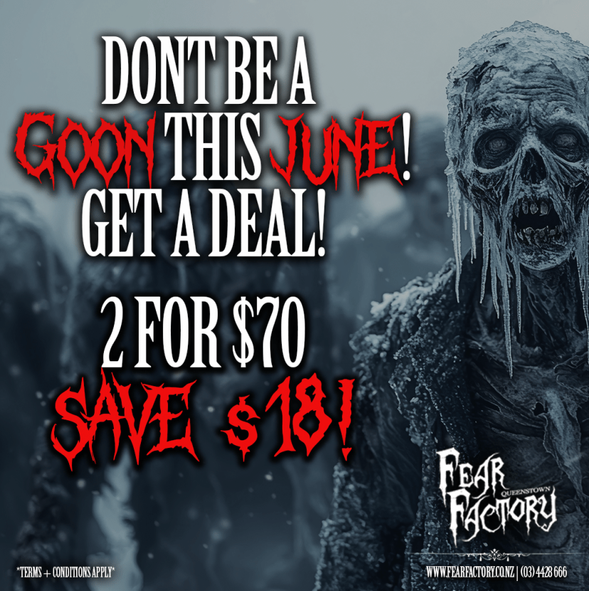 Zombie with snowy background and promotional text for Fear Factory deal.