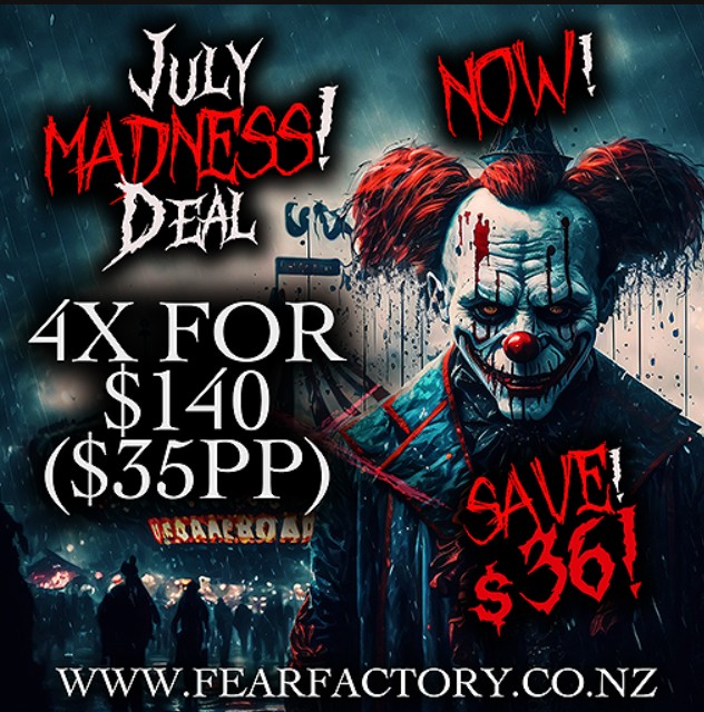 Creepy clown with red text promoting July Madness deal at FearFactory.co.nz.