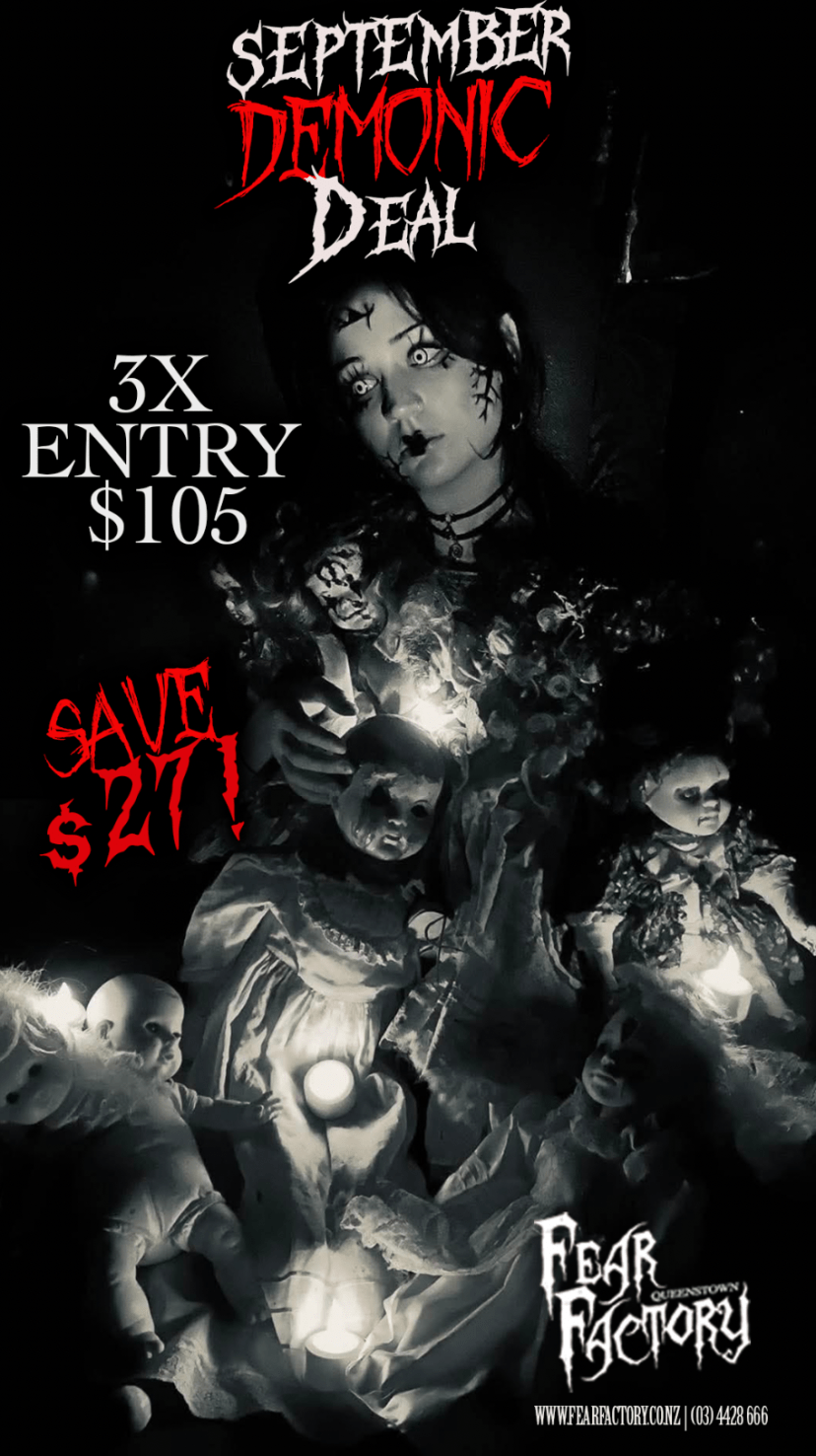 Creepy figures with text: 'September Demonic Deal, 3x Entry $105, Save $27!'