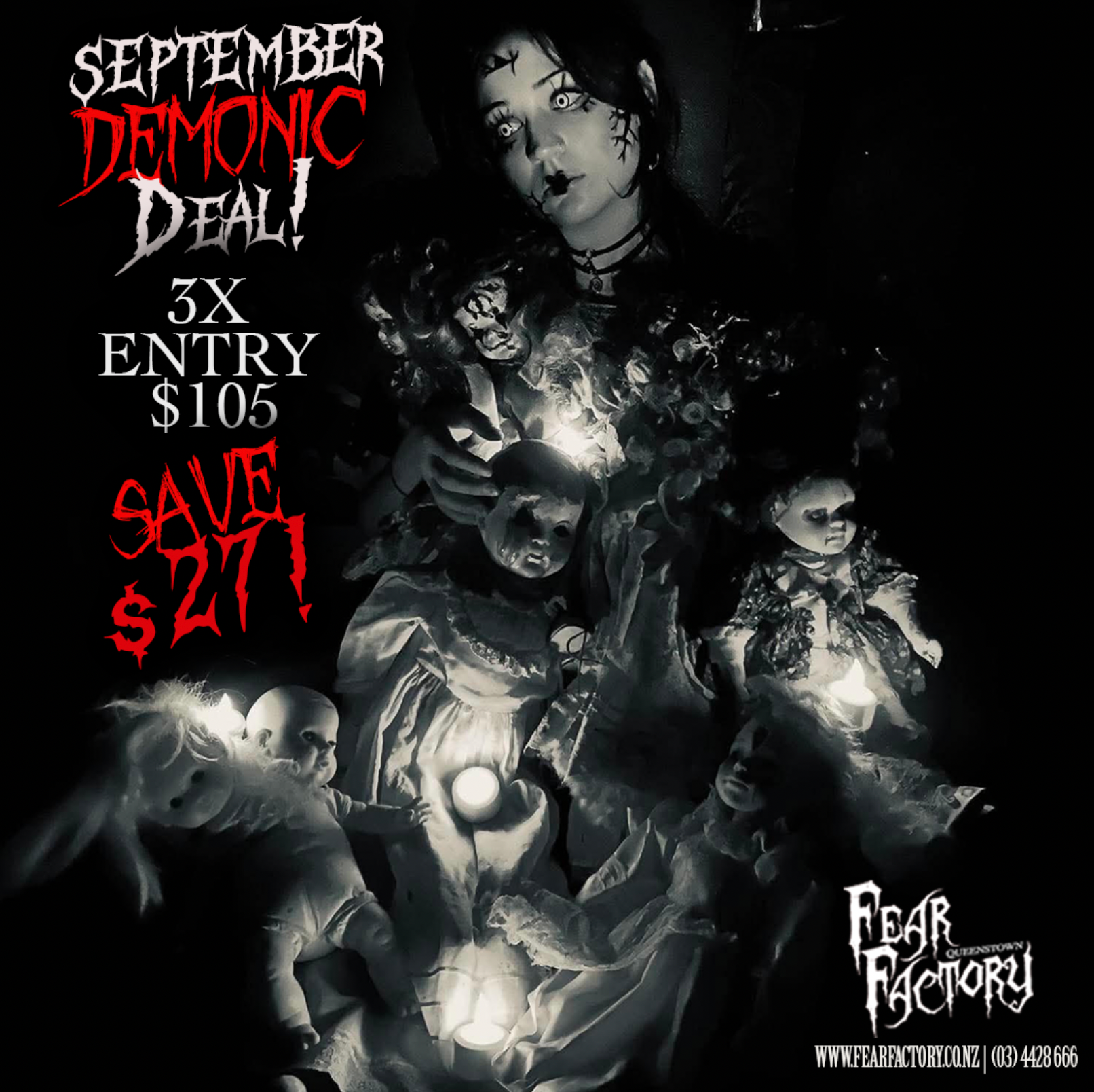 Creepy dolls with demonic theme for a horror attraction promo.