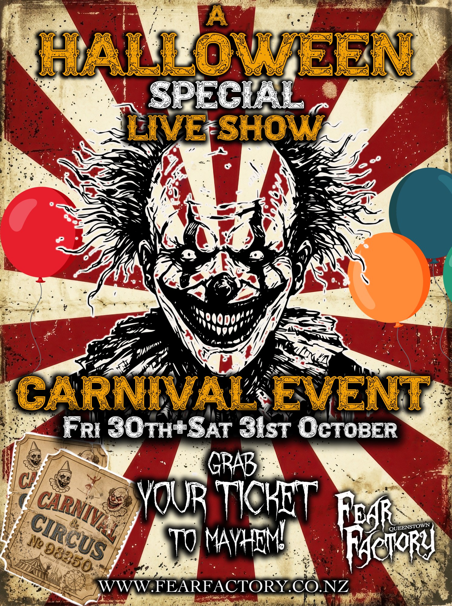 Halloween event poster with creepy clown, red stripes, and balloons.