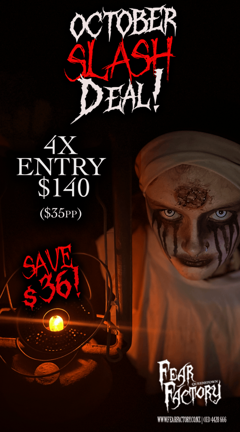 Scary figure with blood makeup, promoting October slash deal for Fear Factory tickets.