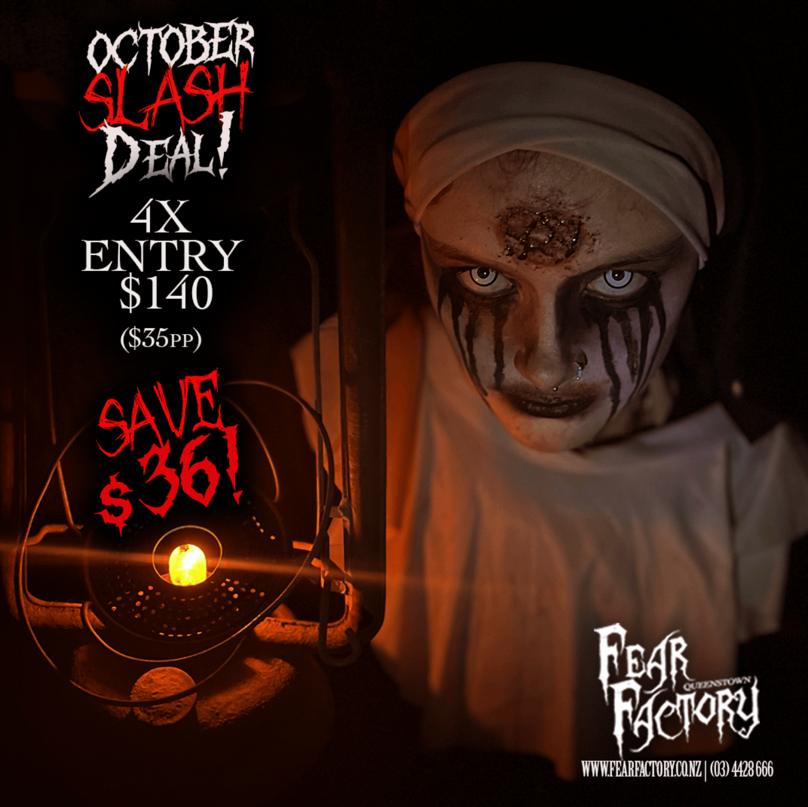 Spooky figure with face paint holding lantern; Halloween-themed discount offer for haunted attraction.